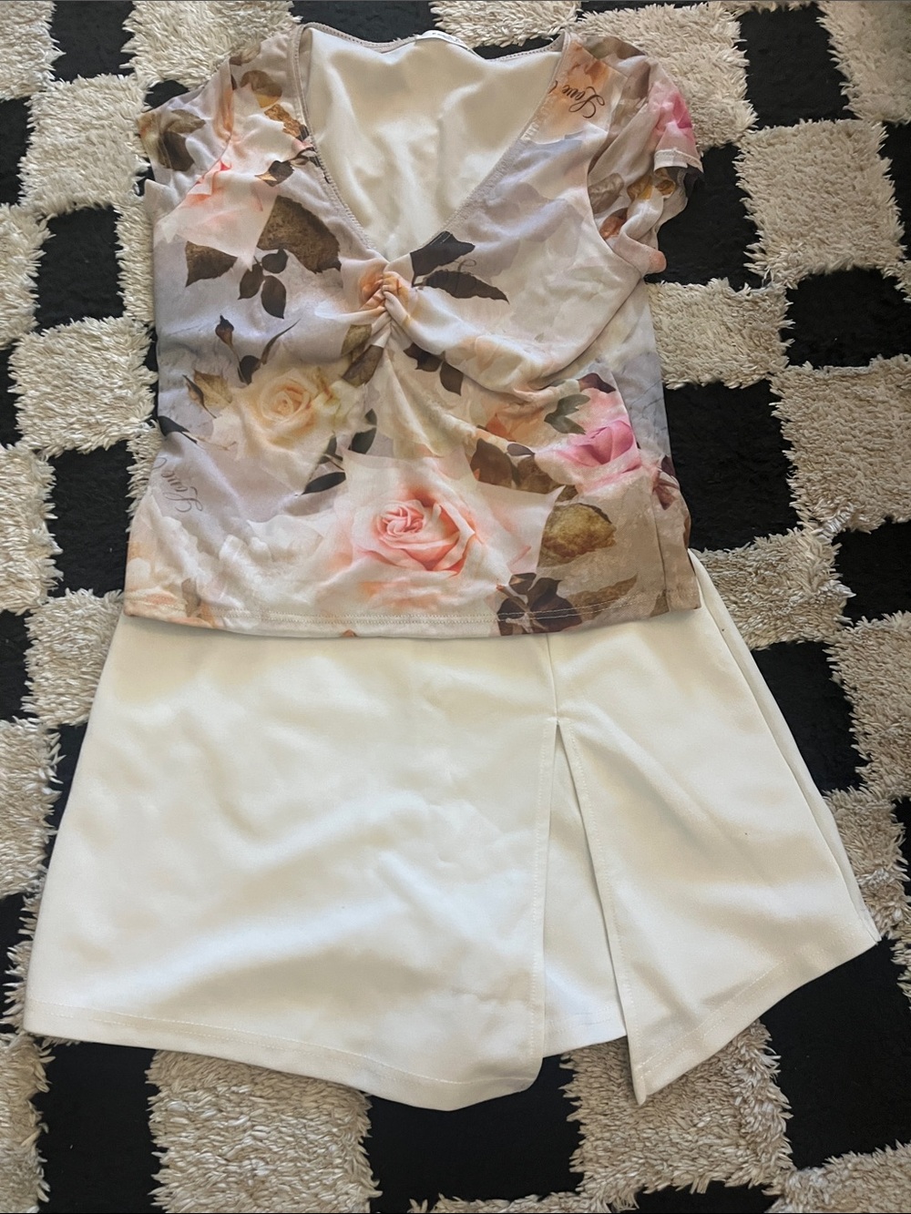 Floral Twist Top with White Skort - Women's Two-Piece Set both with some stretch